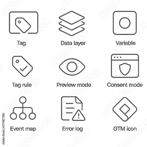 Tag Management Icons. Outline icon set of tag management: container tag, data layer, trigger, variable, tag