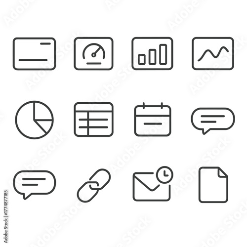 Иконки аналитических панелей. Outline icon set of reporting dashboards: KPI card, scorecard, bar chart, line