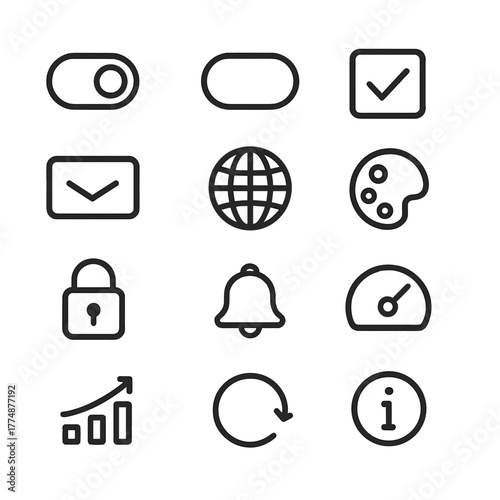 Settings Icons Grid. Outline icon set of settings and preferences: toggles, checkbox, radio button, dropdown,