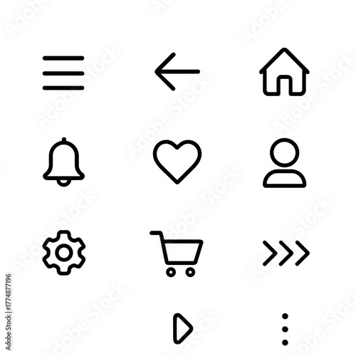 Navigation Icon Grid. Outline icon set of navigation bars: hamburger menu, back arrow, home icon, search icon,