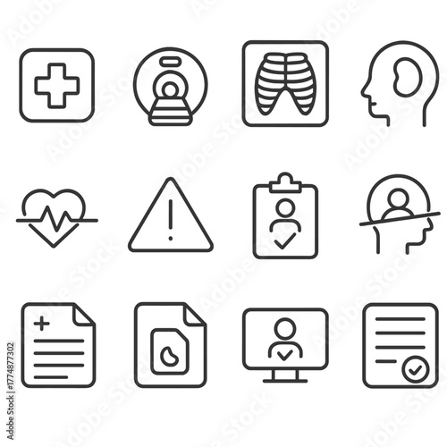 Healthcare AI Icons Grid. Outline icon set of healthcare AI: medical cross, CT scan, X-ray icon, lesion mask,