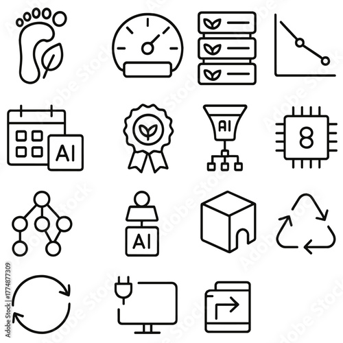 Sustainable AI Icons. Outline icon set of sustainable AI: carbon footprint, energy meter, green data center,