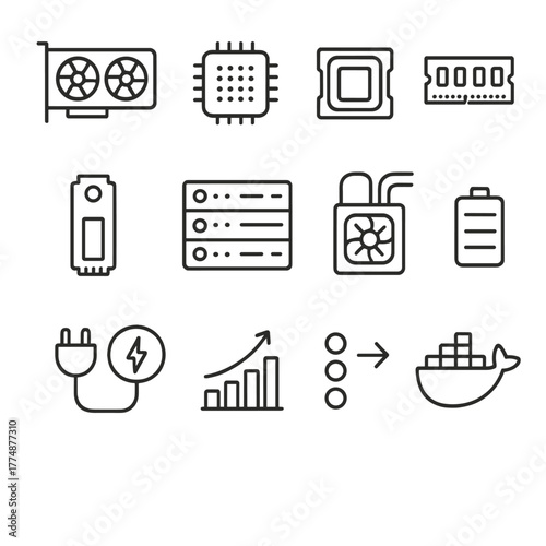 Training Hardware Icons. Outline icon set of training hardware: GPU card, TPU chip, CPU socket, memory bank,