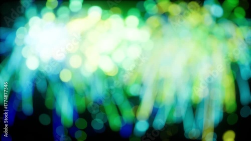 Fireworks dreamy drift, Teal fireworks explode with soft glows and dreamy motion across darkness