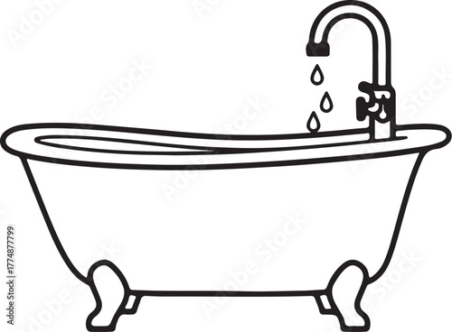 Outline of a bathtub with water dripping from the faucet on a white background bathroom plumbing on transparent background