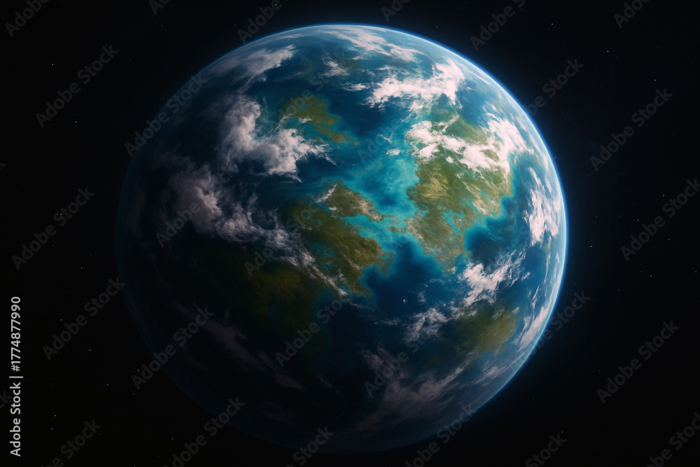 Obraz premium Vibrant Exoplanet or Alien World with Oceans and Continents Floating in Space