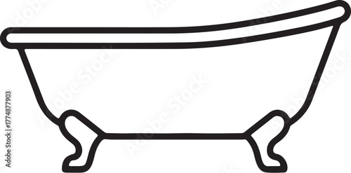 Black and white line art illustration of a vintage clawfoot bathtub bathroom antique on transparent background