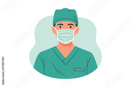 A healthcare professional wears a surgical mask and scrubs, ready for work.