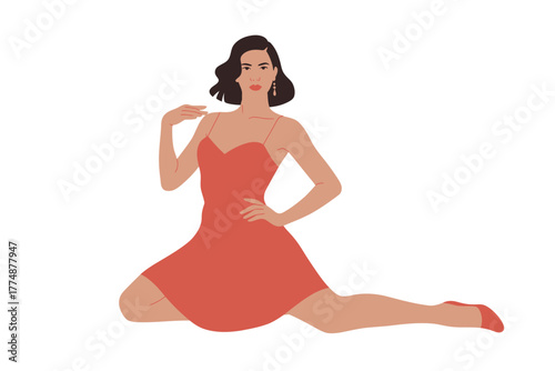 A woman in a coral dress poses gracefully on the floor with one hand on her hip.