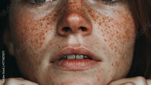 Freckled woman with green eyes covering her face in emotional portrait