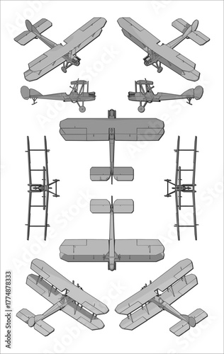 Biplane Aircraft Orthographic and Isometric Views