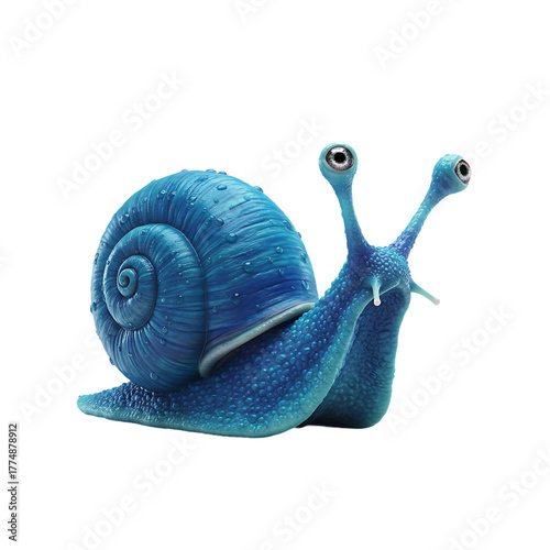 Blue snail with large eyes and intricate shell design, mollusk creature with detailed texture on its body, aquatic animal on transparent background