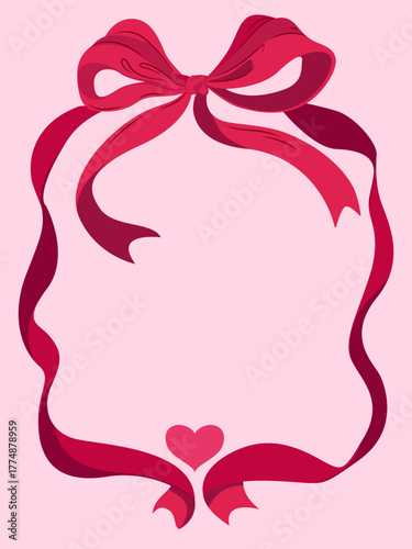 Whimsical red ribbon frame with bow and heart on soft pink background. Perfect for romantic greeting cards, wedding invitations, Valentine’s Day designs, love decorations, and festive vector art.