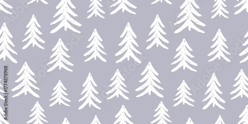 Сhristmas trees white frozen silhouettes hand drawn, seamless pattern, vector background, wrapper, paper, fabric, print