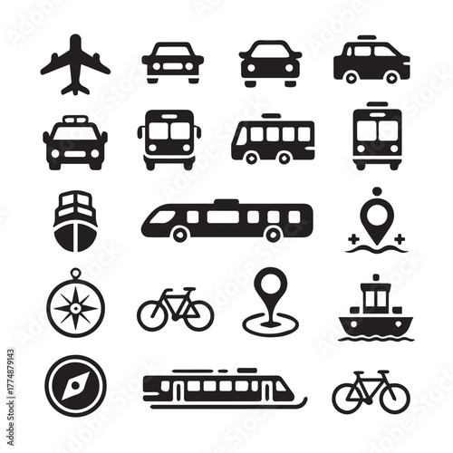 A collection of transportation icons, including a plane, cars, taxi, bus, train, ship, compass, bicycle, and location pin, representing various modes of travel isolated on white background
