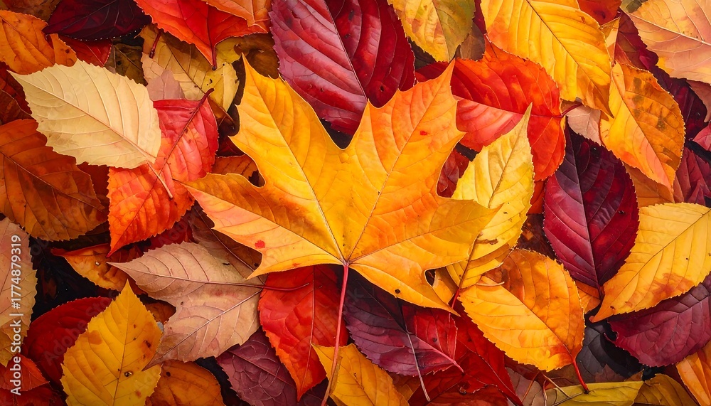 Fototapeta premium A vibrant tapestry of autumn leaves in full color.