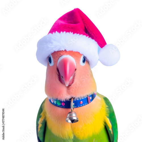 Colorful parrot wearing a Santa hat and a blue collar with a small bell, looking festive and cheerful against a transparent background.