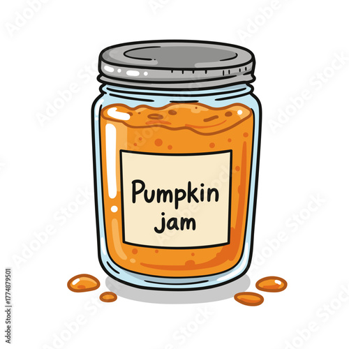Pumpkin jam in glass jar with label and spills on white background  