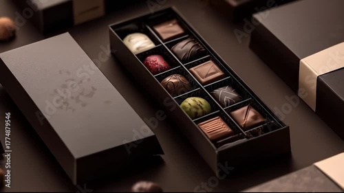A beautifully arranged box of assorted chocolates showcases various flavors and designs. These chocolates are displayed elegantly, inviting indulgence with their rich textures.