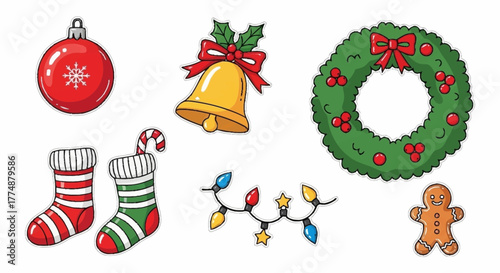 Festive Christmas Holiday Icons Featuring Ornaments, Wreath, Stockings, Lights, Gingerbread Man, and Bell