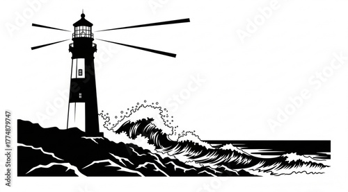 Lighthouse on a Stormy Coast Black and White Vector Illustration
