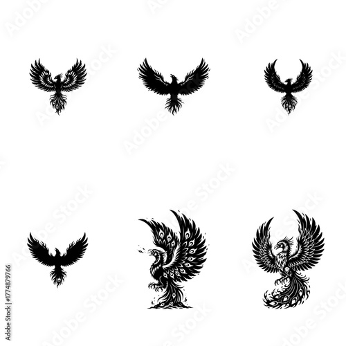 Mythical Phoenix Bird Silhouette and Tattoo Art Vector Set
