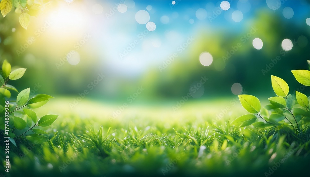Fototapeta premium soft focus green nature background with blue sky glimpses and gentle bokeh lights