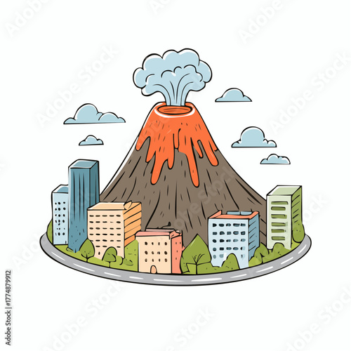 Cityscape around dormant volcano with smoke emanating from the crater