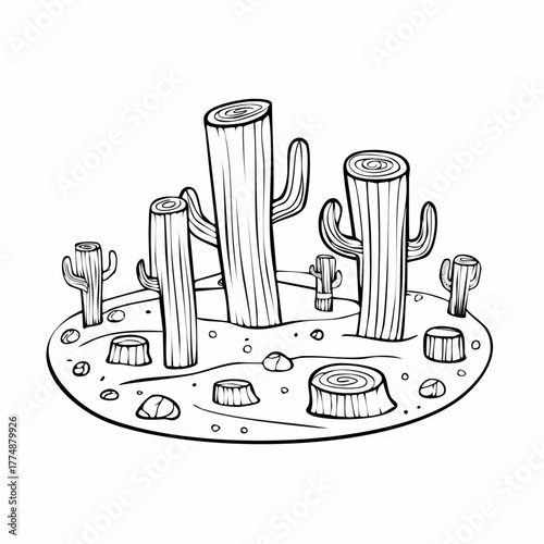 Petrified forest in arid desert land with cacti, arid vegetation and rocks