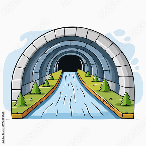 Underground river flows in a stone tunnel with small trees alongside