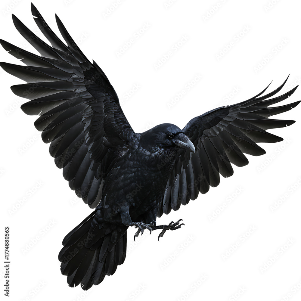 Fototapeta premium Black raven with outstretched wings and sharp claws in flight majestic corvid bird with dark feathers isolated on transparent background