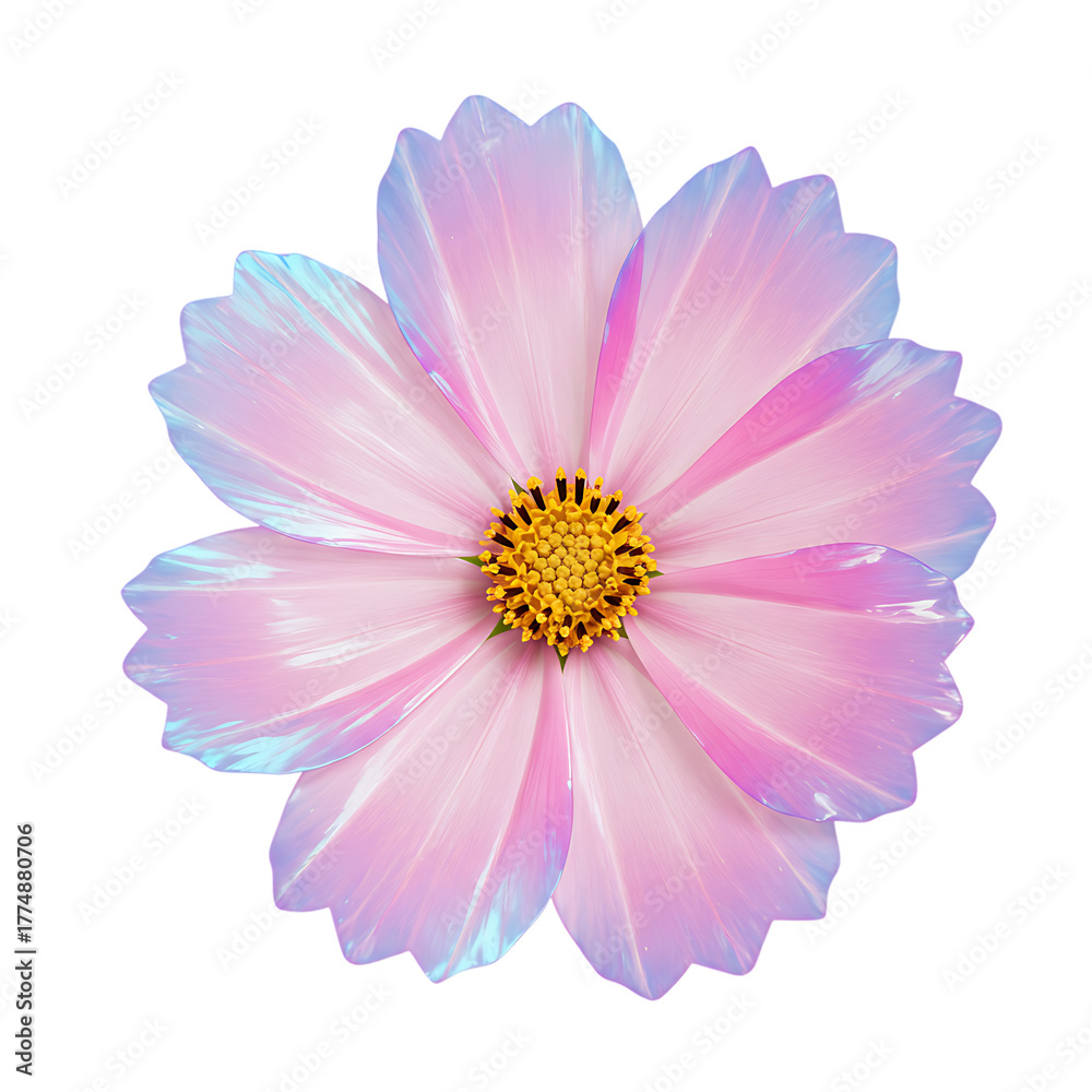 Fototapeta premium Vibrant Pink Cosmos Flower Delicate Petals Yellow Center Blossom Isolated on Transparent Background Garden Beauty