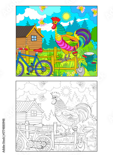 Drawing of a farmyard at dawn. Colorful and black and white template for coloring. Hand drawn vector Illustration. Worksheet for coloring book for children and adults. 