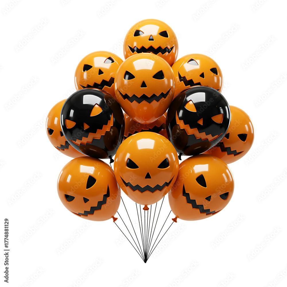 Obraz premium Medium bunch of orange and black Halloween balloons with carved pumpkin faces festive decoration for autumn holiday celebration transparent background