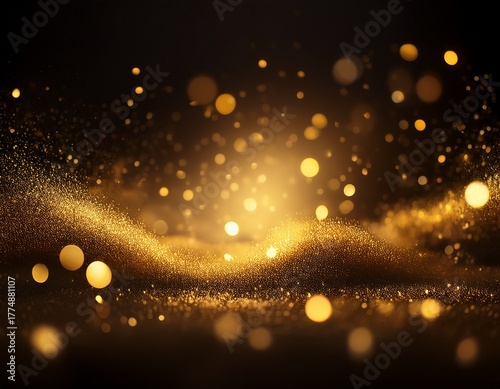 golden bokeh lights sparkles of glitter dust particles dark abstract overlay background