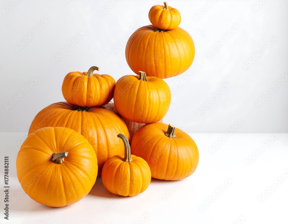 Obraz premium Stack of Pumpkins on White Background for Fall Decor.