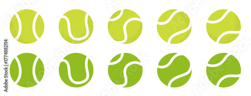 Tennis Ball. Set of yellow and green balls. Collection of tennis balls with and without textures. Icons for sports, recreation, and games. Vector illustration
