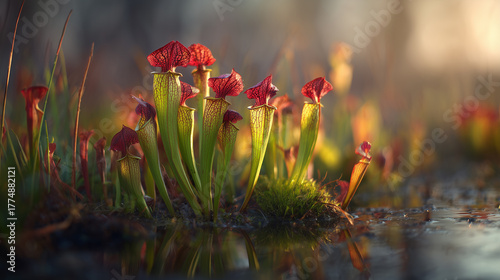 Pianta carnivora Sarracenia nel suo habitat naturale con luce dorata e riflessi d’acqua