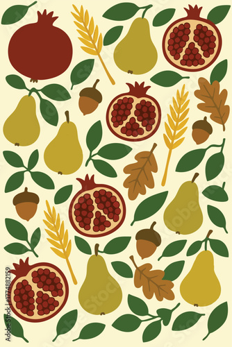 Pomegranate Pear Wheat Acorn Leaf Fall Autumn Print Design Vector Botanical Leaves Fashion Print Design Nature