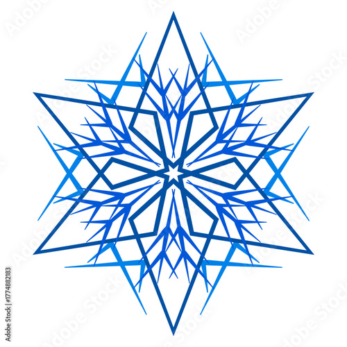 Blue ethnic sacred ornament on white background. Ornate polygonal multiryed star. Hexagonal geometric mandala pattern. Christmas snowflake ornament vector decor