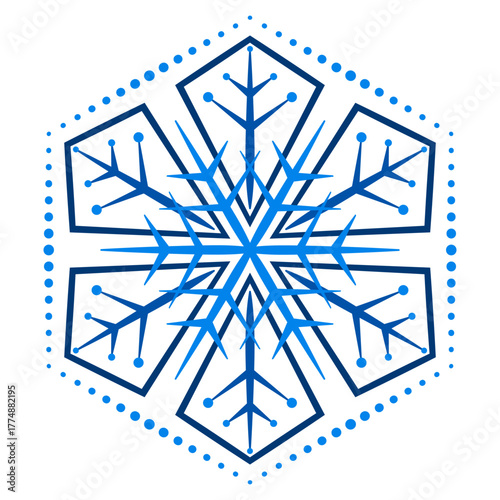 Ornate blue snowflake on white background. Ornamental winter fantasy design element. Elegant geometric mandala star pattern. Christmas snowflake ornament.