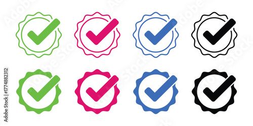 A vector set of check mark icons inside rosette or seal badges. Includes green, pink, blue, and black colors in outline and solid styles for verification, quality, and agreement status.
