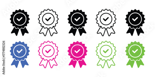 A vector set of ribbon badge icons with check marks. Includes black, blue, pink, and green colors, in solid and outline styles. Perfect for guarantee, quality, award, and verification.
