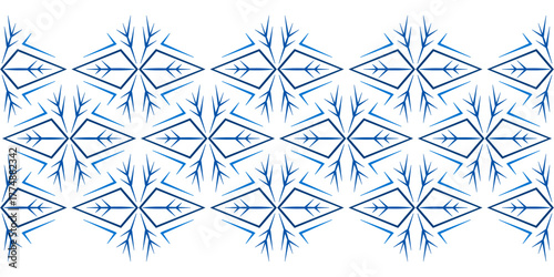 Blue white Christmas background of snowflakes. Winter seamless border of snowflakes. Winter background classic style in blue colors. Unusual Christmas decor