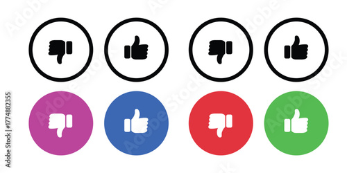 A vector set of Thumbs Up and Thumbs Down icons in various colors (blue, red, green, purple, black). Ideal for social media, voting systems, feedback, user ratings, and web buttons.