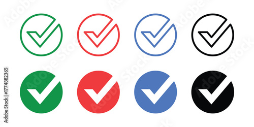 A vector set of simple round check mark (tick) icons. Includes outline and solid styles in green, red, and blue colors for validation, error, acceptance, and general status UI/UX design.