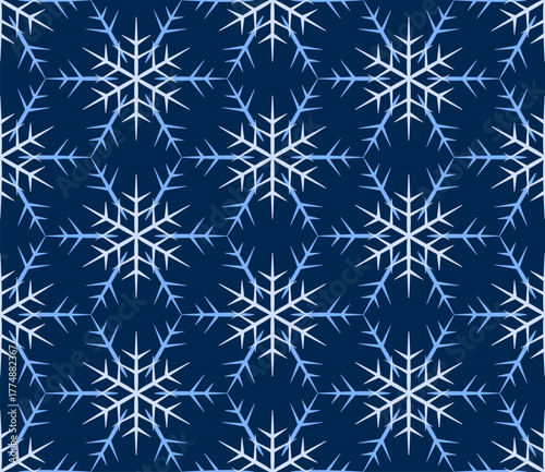 Blue white geometric background of snowflakes on dark blue background. Winter geometry seamless pattern. Snowflakes with six sharp rays. Traditional Christmas decor.