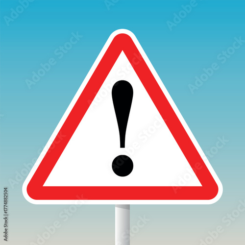 Exclamation mark road warning sign with red triangle and pole for general hazard alerts