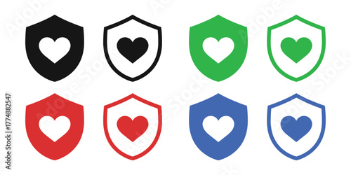 Heart Shield Icons: A collection of heart shield icons, symbolizing protection and care in various colors. 