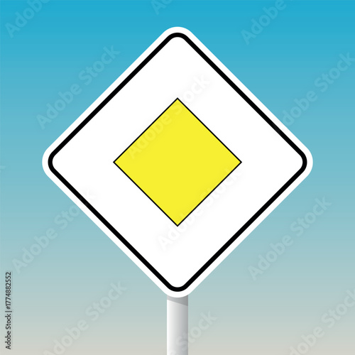 Priority road sign with yellow diamond and white border for right-of-way indication